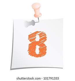 Hands draw numbers on paper note with push pin. Number 8.