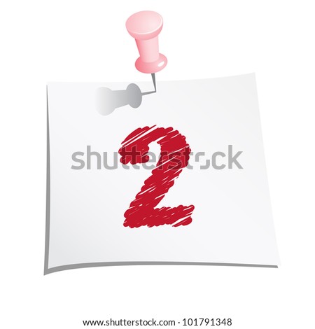 Hands draw numbers on paper note with push pin. Number 2.