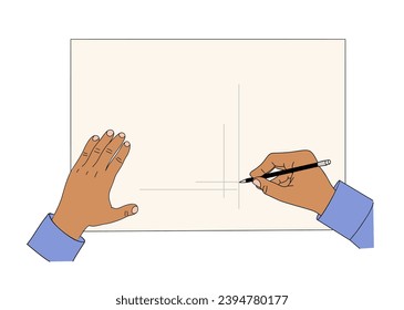 Hands draw on blank paper with pencil vector.