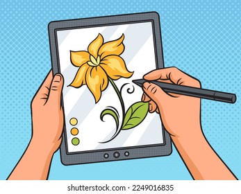 hands draw on graphics tablet pinup pop art retro vector illustration. Comic book style imitation.