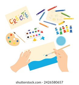 Hands draw on paper, art tools, top view. Creative lesson with brushes, pencils, paints. Workshop, art studio, workplace, artist, art store, painting. Hand drawn color flat vector illustration.