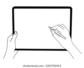 Hands draw on tablet with blank screen and pen.