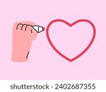 Hands draw red heart shape with marker, highlighter. Vector illustration concept for Valetines day, social media like, charity or blood or organ donor. Send love or send valentines greeting card.