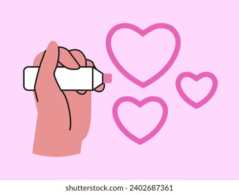 Las manos dibujan la forma del corazón rojo con el marcador, resaltador. Concepto de ilustración vectorial para el Día de San Valentín, medios sociales como, caridad o donación de sangre o órganos. Envíe tarjetas de felicitación de amor o tarjetas de felicitación de San Valentín.