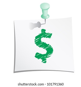 Hands draw symbols on paper note with push pin. Symbol Dollar.