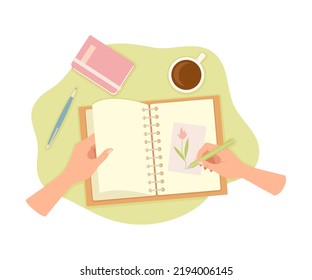 Hands Drawing Flowers with Pencil on Paper in Notepad as Handmade Craft Vector Illustration