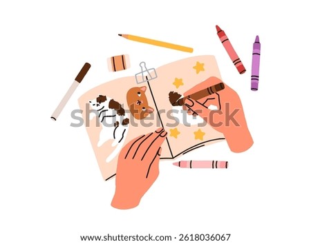 Hands drawing in sketchbook, notebook. Paper diary, creative notepad, oil pastel pencils. Artist at sketch book, album pages with cute cats. Flat vector illustration isolated on white background