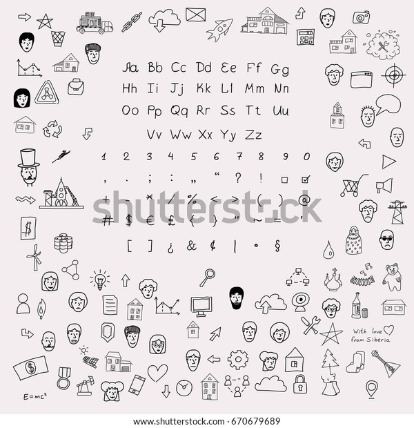 Hands Drawing Sketchnote Alphabet Numbers Symbols Stock