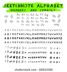 Hands drawing sketchnote alphabet. Vector set of letters, numbers and symbols