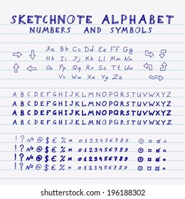 Mãos desenho esboço alfabeto. Conjunto vetorial de letras, números e símbolos