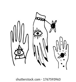 Hände mit Zeichnungen der Augen des Orakels in einem Dreieck einzeln auf weißem Hintergrund. Vektorgrafik im Doodle-Stil. Magisches Element