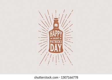 Hands drawn bottle of beer with the inscription Happy St. Patrick's Day in the rays of light. Vintage illustration on the theme of the Irish holiday. Monochrome engraving style.