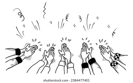 Hands drawn from hands clapping, applause. Thumbs up gesture in doodle style. vector illustration