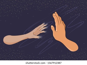 Hands are drawn to each other. Palms by the glass. Vector illustration. Farewell, Separation