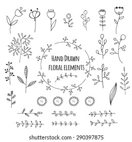 Hands drawn  floral elements. Poppies, flowers, branches, leaves, wreath - design elements for invitations, wedding decorations, web design