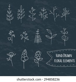 Hands drawn  floral elements.Flowers, branches, leaves, wreath - design elements for invitations, wedding decorations, web design