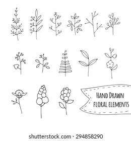 Hands drawn  floral elements.Flowers, branches, leaves, wreath - design elements for invitations, wedding decorations, web design