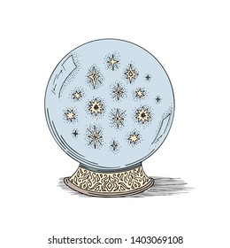 Hands drawn magic crystal ball. The ink sketch is vintage style. Vector illustration