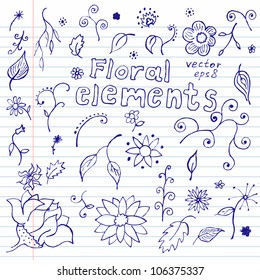 Hands drawn sketchy notebook doodles of floral elements. Vector illustration