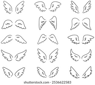 Hands drew wings icons set . wings  elements collection in different shape. Vector illustration