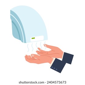 Hands are dried under warm air coming from hand dryer. Electric automatic equipment for restroom. Hygienic sanitation device machine for lavatory. Cartoon flat isolated vector concept