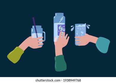 Hands with drinking water vessels. The concept of a person holding a plastic bottle, a glass mug and a water bottle. Vector set of flat style illustrations. Vector illustration