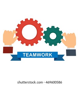 Hands driven mechanism. Conceptual image of team work. Elements for sites, brochures, flayers, posters and info graphics. Cartoon flat vector illustration. Objects isolated on a white background.