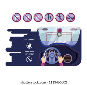 hands driving car with driver safely icons