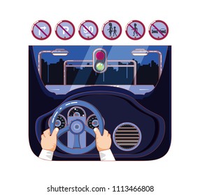 hands driving car with driver safely icons