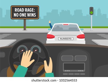 Hands driving a car on a crossroad. Road rage billboard. Man in front car rudely gesturing while driving. Flat vector illustration. Hands driving a car on a crossroad. Road rage billboard. Man in front car rudely gesturing while driving. Flat vector illustration.