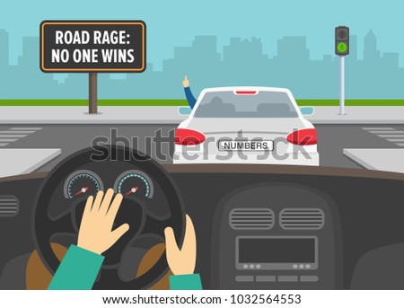 Hands driving a car on a crossroad. Road rage: no one wins warning billboard. Man in front car rudely gesturing while driving. Flat vector illustration template.