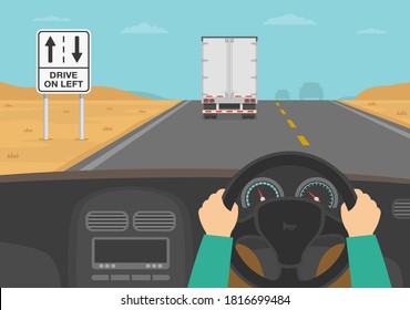 Hands driving a car on the dessert highway. Drive left warning road or traffic sign. Flat vector illustration template.