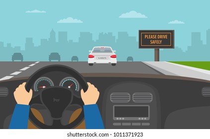 Hands driving a car on the highway. Drive safely warning billboard. Flat vector illustration.