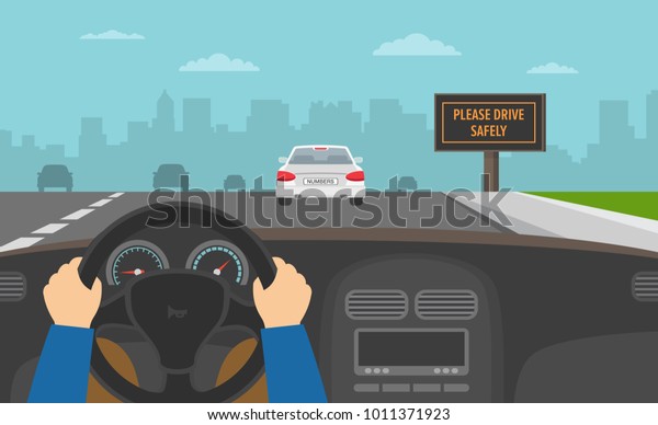 ハイウェイで車を運転する手 車を安全に運転して警告掲示板を作成します 平らなベクターイラスト のベクター画像素材 ロイヤリティフリー