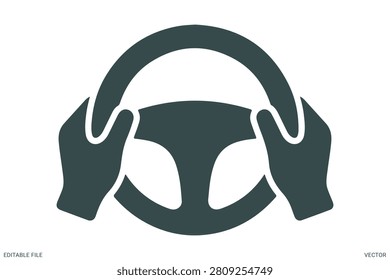 Hands driving car steering wheel vector icon for auto transport and safety concept
