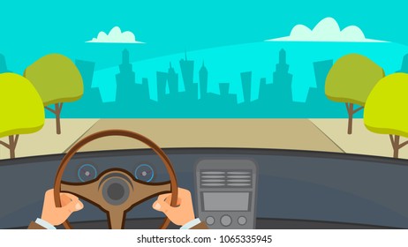 Hands Driving Car Vector. City Traffic Jam. Urban Background. Flat Illustration