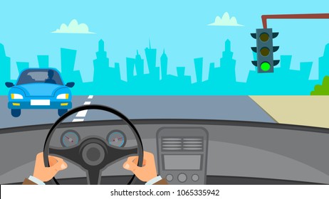 Hands Driving Car Vector. Man Hands On Steering Wheel. Car Interior. Flat Illustration
