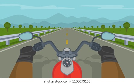 Hands driving a motorcycle on a highway. Biker rides a classic bike. Flat vector illustration. Hands driving a motorcycle on a highway. Biker rides a classic bike. Flat vector illustration.