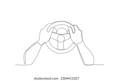 Hands driving a small car steering wheel. Dia do motorista one-line drawing