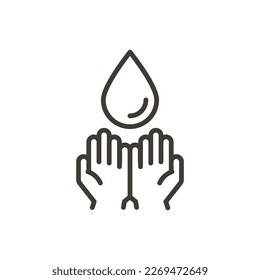 Hands with a drop of water. Vector thin line outline illustration for concepts of water usage, hygiene, sustainability, hand washing, save water