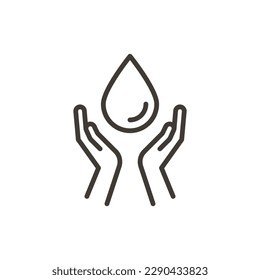 Hands with a drop of water. Vector thin line outline illustration for concepts of water usage, hygiene, sustainability, hand washing, save water