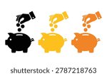 Hands dropping coins into three piggy banks with question marks
