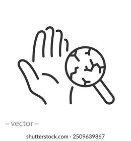 mãos ícone de pele seca, problema de pele mão, símbolo de linha fina no fundo branco - ilustração de vetor de traçado editável