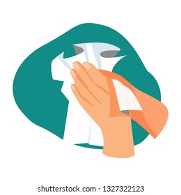 Hands drying illustration. Towel, cleaning, hands. Hygiene concept. Vector illustration can be used for healthcare, purity, hygiene