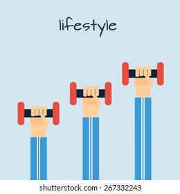 Hands with dumbbells point toward up
