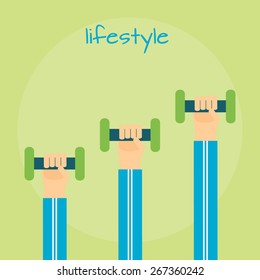 Hands with dumbbells point toward up