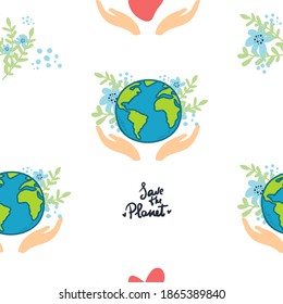 manos con tierra sosteniendo el globo, pegatina plana vectorial, afiche, etc. Salven el planeta. tierra con flores en blanco, dibujo a mano sin fisuras en blanco