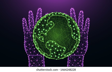 Hands and Earth low poly design, save the planet in polygonal style, future, nature and ecology of the earth wire frame vector illustration made from points and lines on dark purple background
