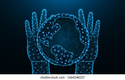 Hands and Earth low poly design, save the planet in polygonal style, future, nature and ecology of the earth wire frame vector illustration made from points and lines on dark blue background