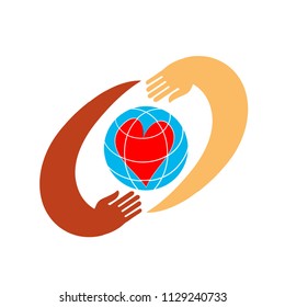 hands with earth, people of the world holding the globe, flat vector sticker, poster, etc